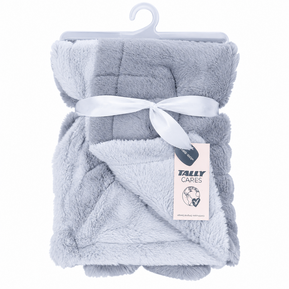 BabyCo SilverCloud plush baby blanket in soft light grey with a fluffy texture, white accent panel and white ribbon