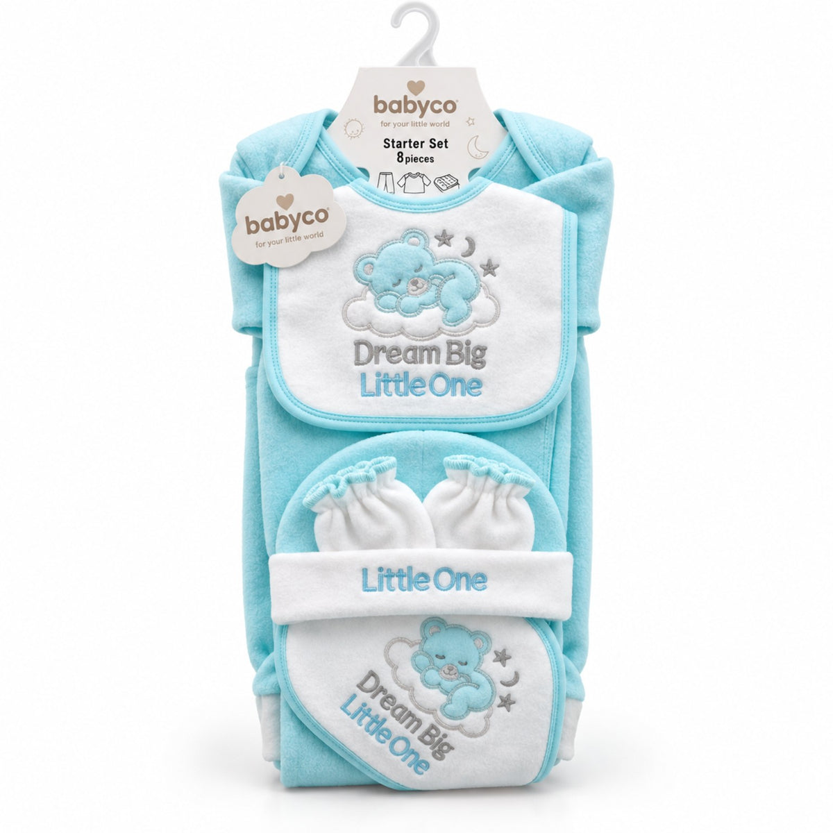 BabyCo sky blue 7-piece polar fleece newborn winter starter set with teddy bear design, clothing, cap and accessories