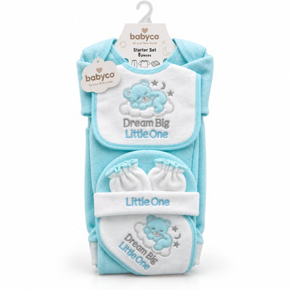BabyCo sky blue 7-piece polar fleece newborn winter starter set with teddy bear design, clothing, cap and accessories