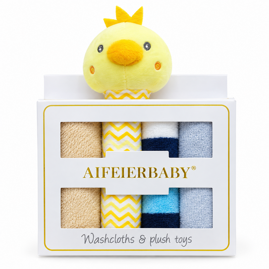 BabyCo Sunny Peep 3-piece baby washcloth gift set with yellow chick plush rattle and coordinating cotton-blend washcloths in a gift box