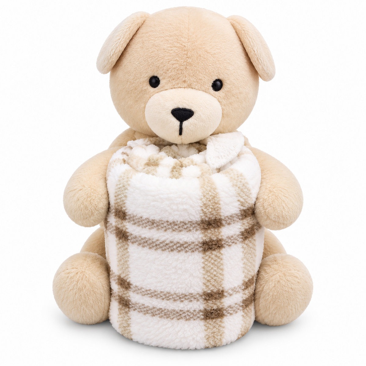 BabyCo Teddy Tartan Snuggle baby blanket gift set with a beige plush teddy bear and cream blanket featuring a tan plaid pattern