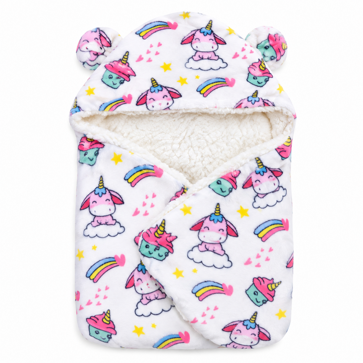 BabyCo UniCloud Cozy Hooded Swaddle Wrap with colourful unicorn and rainbow print, rounded hood details and soft cream plush lining