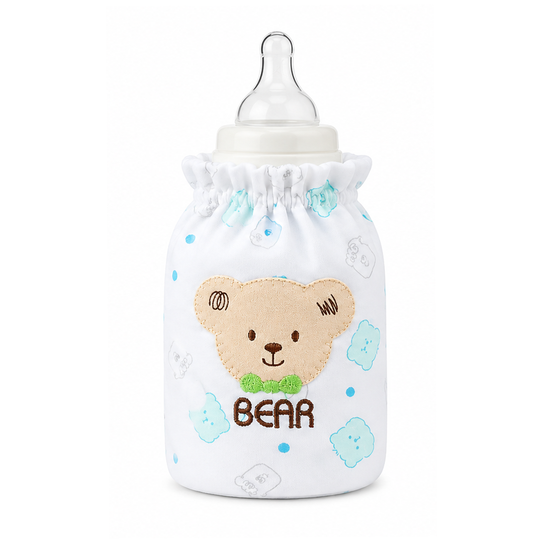 Baby bottle with a bear design on a white background