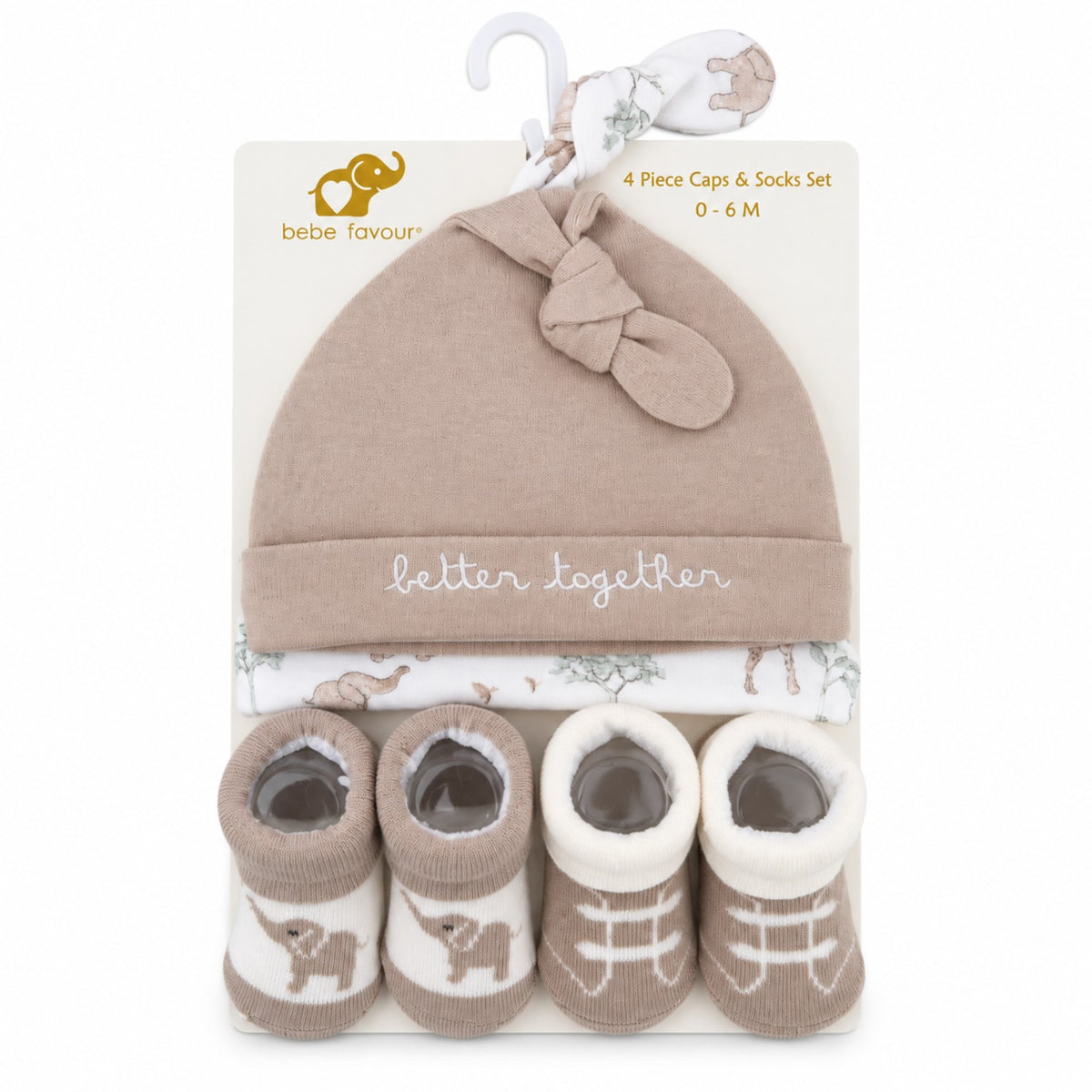 Better Together safari baby cap and booties 4-piece set in beige and cream