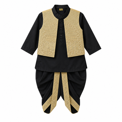 King Black Dhoti Kurta With Waistcoat