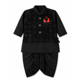 A black traditional dhoti kurta outfit for boys, featuring a full-sleeve embroidered vest with a mandarin collar, three silver buttons, a red and black chest emblem, and matching black dhoti pants with embroidered details.