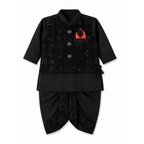 A black traditional dhoti kurta outfit for boys, featuring a full-sleeve embroidered vest with a mandarin collar, three silver buttons, a red and black chest emblem, and matching black dhoti pants with embroidered details.