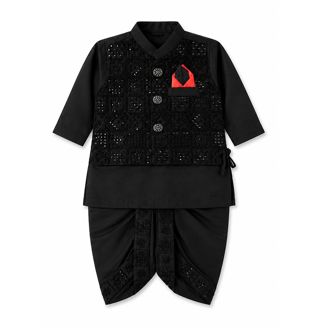 A black traditional dhoti kurta outfit for boys, featuring a full-sleeve embroidered vest with a mandarin collar, three silver buttons, a red and black chest emblem, and matching black dhoti pants with embroidered details.