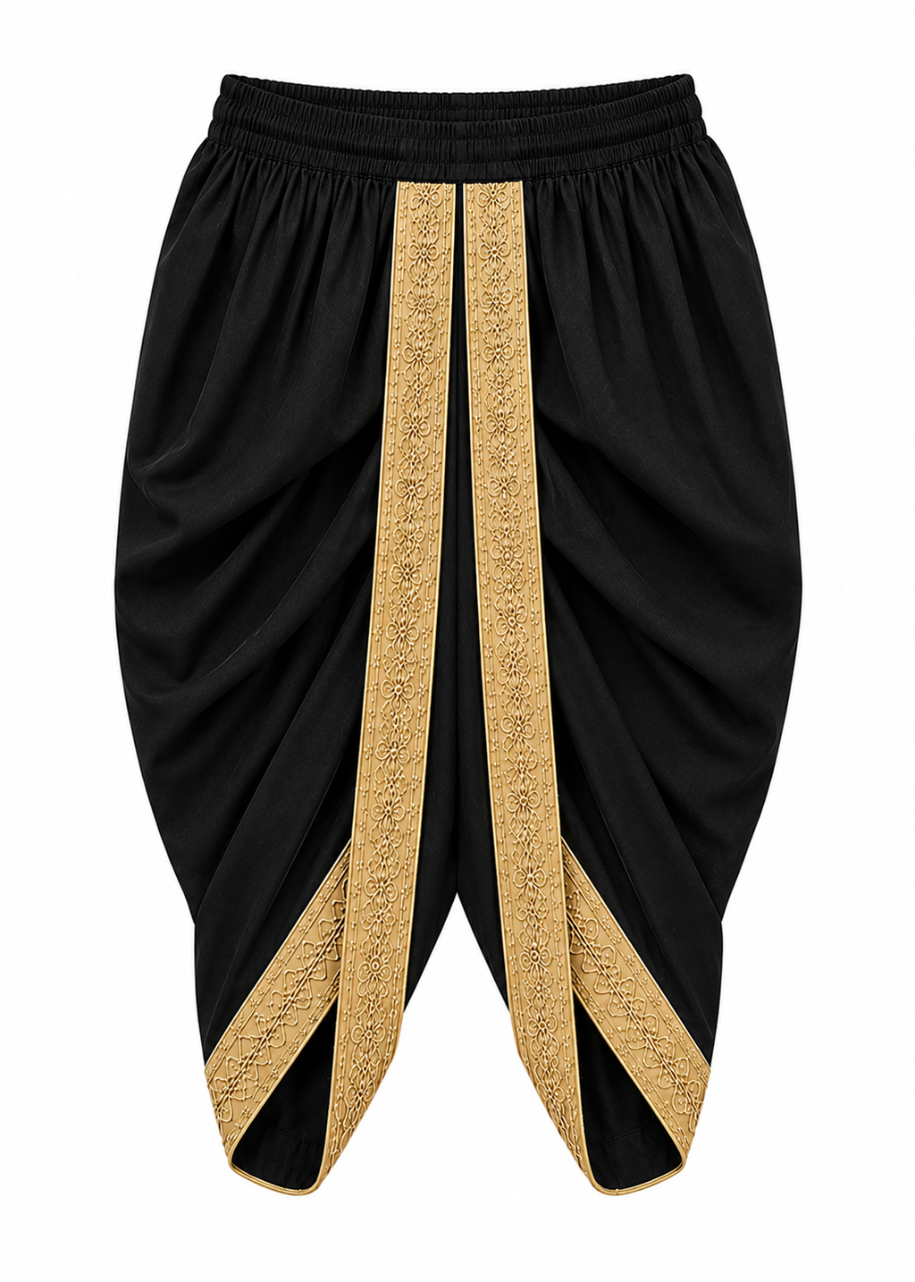 Black dhoti-style pants with ornate gold embroidered vertical stripes and matching gold trim at the hems, shown against a plain white background.