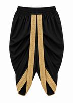 Black dhoti-style pants with ornate gold embroidered vertical stripes and matching gold trim at the hems, shown against a plain white background.
