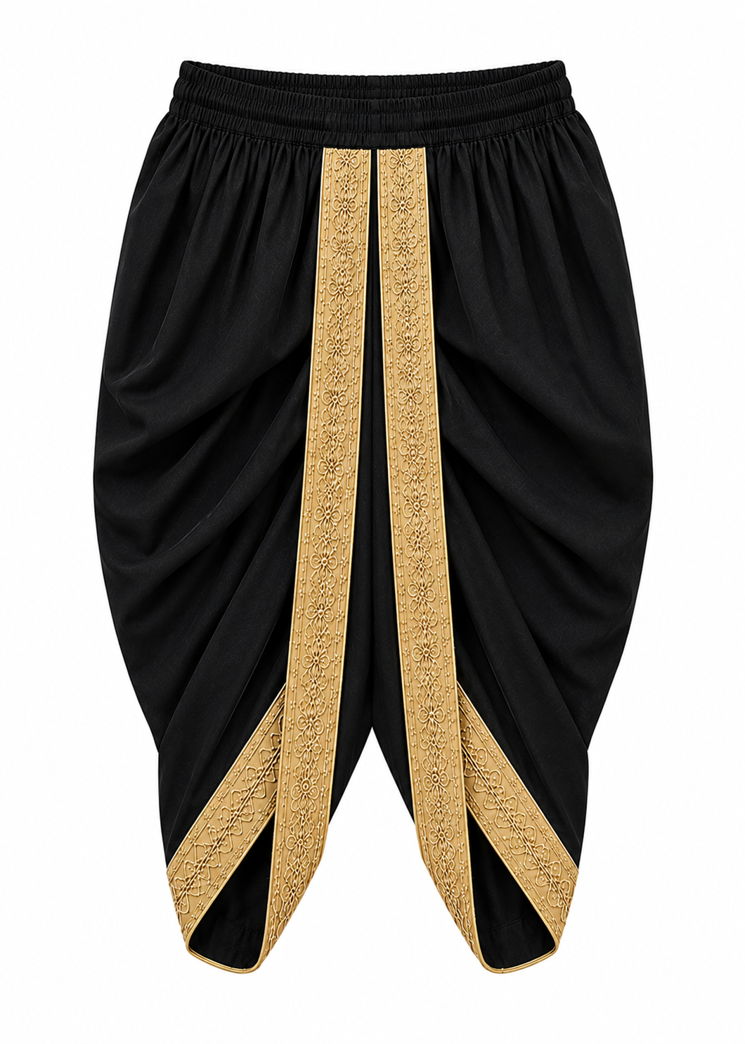 Black dhoti-style pants with ornate gold embroidered vertical stripes and matching gold trim at the hems, shown against a plain white background.