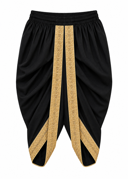 Black dhoti-style pants with ornate gold embroidered vertical stripes and matching gold trim at the hems, shown against a plain white background.
