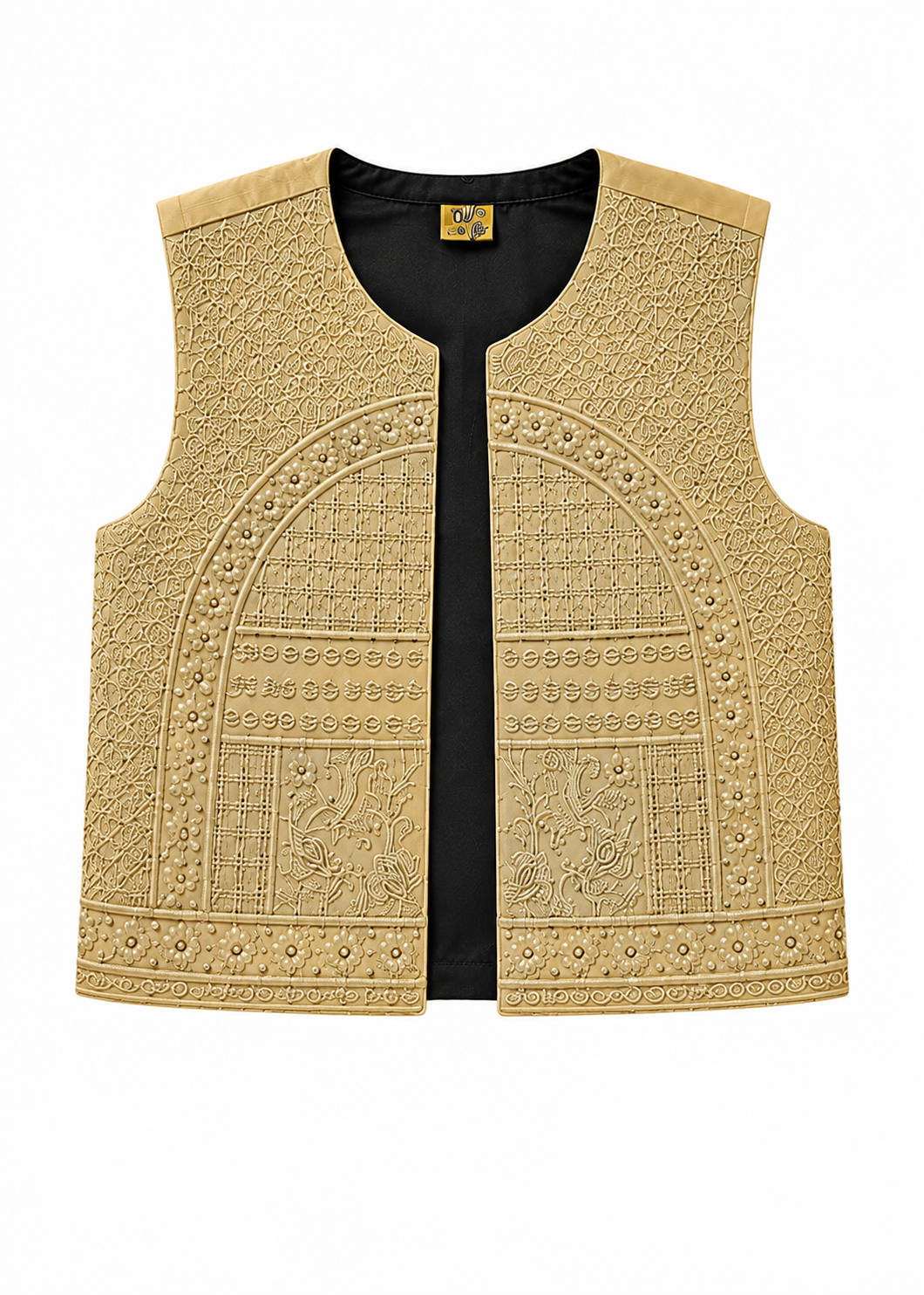 A sleeveless beige embroidered vest with intricate geometric and floral patterns, featuring a black inner lining and a small gold brand label at the neckline, displayed on a solid white background.