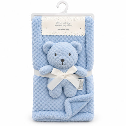 Baby blue premium fur fleece baby blanket with matching teddy bear plush toy, BabyCo Pakistan