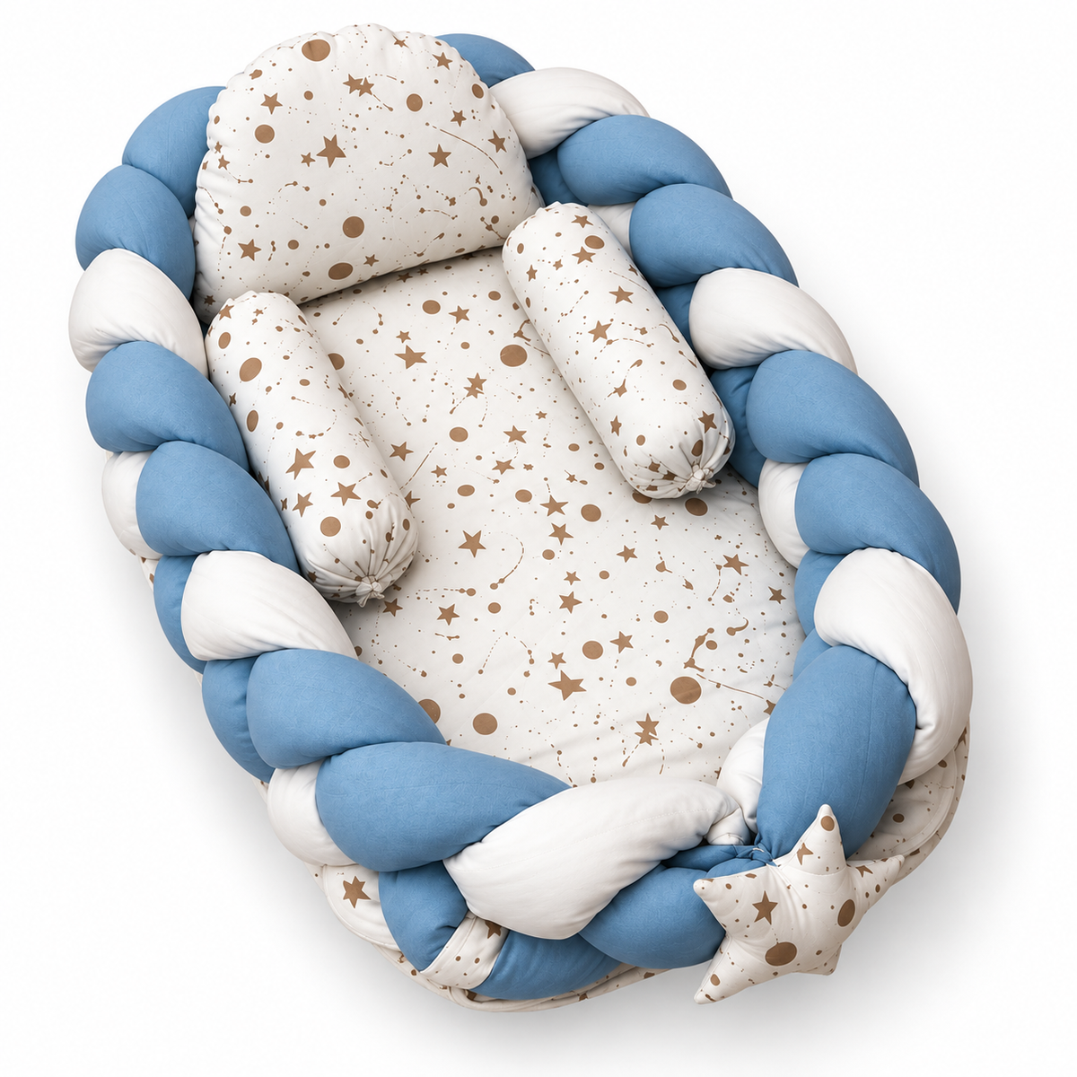 Angled view of blue and white braided baby snuggle bed with matching star print pillow and two neck rolls by BabyCo Pakistan