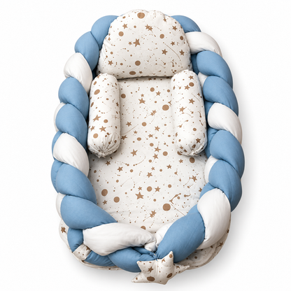 Blue and white braided baby snuggle bed with star print pillow and two neck rolls by BabyCo Pakistan