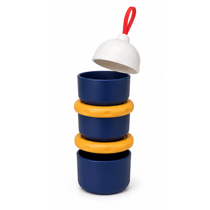 Stack of blue cups with yellow lids on a white background
