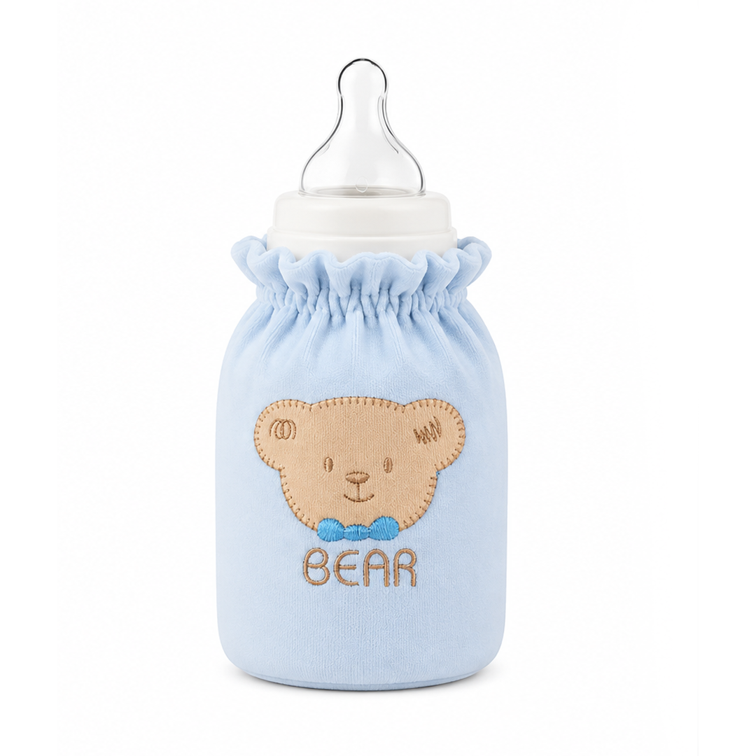 Baby feeder cover blue cover featuring a bear design on a white background