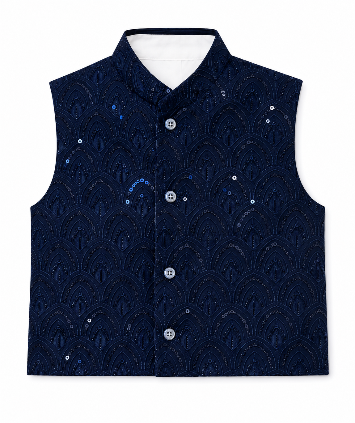 A navy blue sleeveless waistcoat with a mandarin collar, featuring an intricate scalloped pattern and small sequins, displayed on a clean white background.