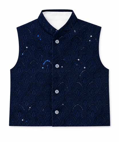 A navy blue sleeveless waistcoat with a mandarin collar, featuring an intricate scalloped pattern and small sequins, displayed on a clean white background.