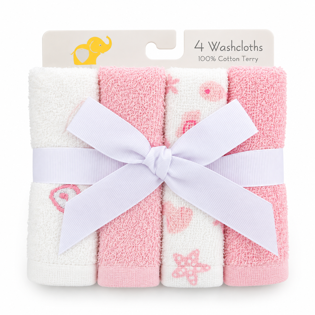 Blush pink and white elephant baby washcloth gift set with four cotton terry washcloths
