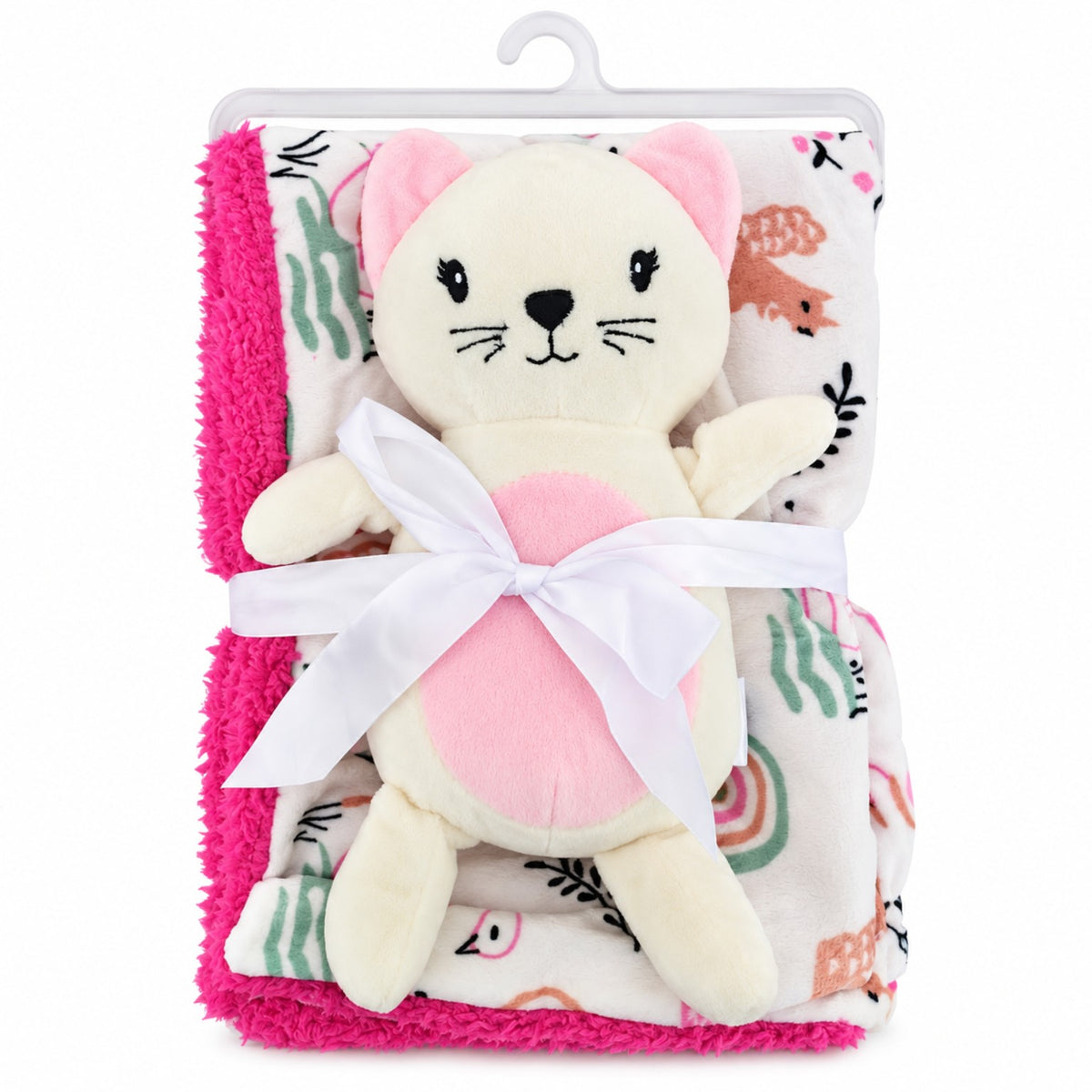 Blush pink kitty hooded baby blanket with floral print and plush cat toy