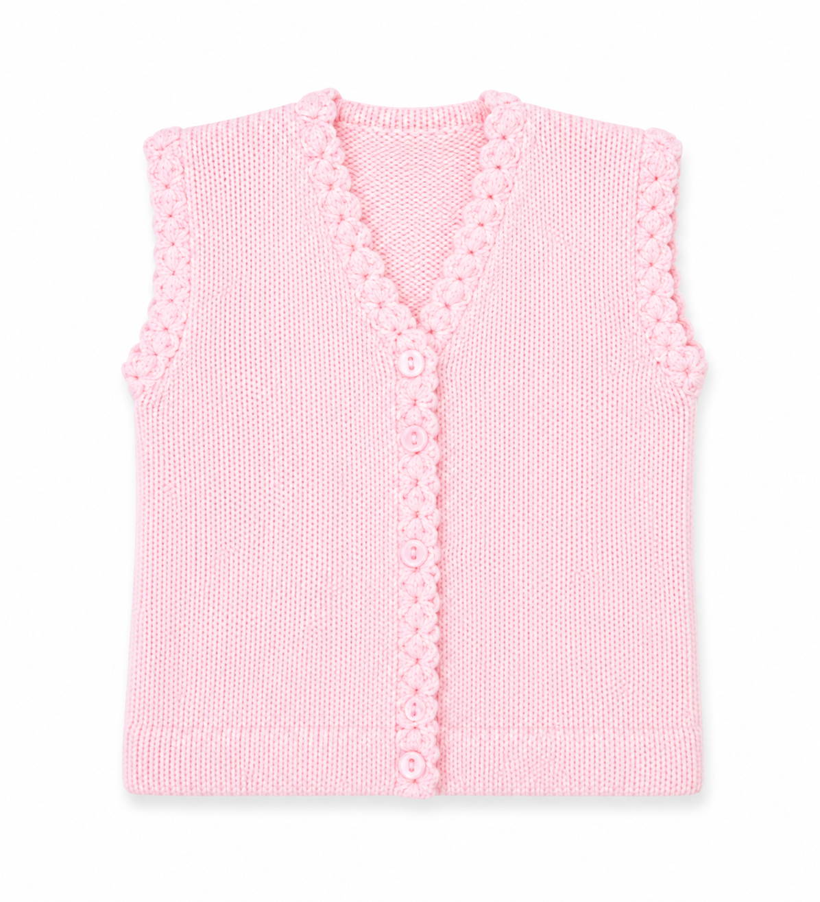 A light pink sleeveless knit vest with a V-neck, decorative scalloped trim, and a button closure, shown flat against a white background.
