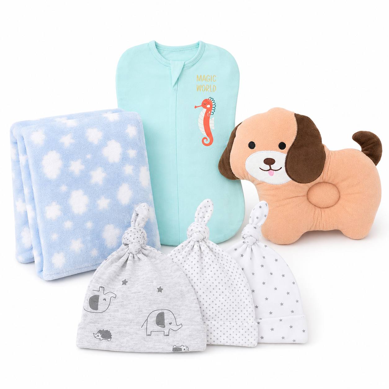 Baby gift set featuring a mint green footless swaddle blanket with a seahorse design, a folded light blue blanket with white stars, three gray and white baby bonnets with animal prints, and a plush dog toy, all on a white background.