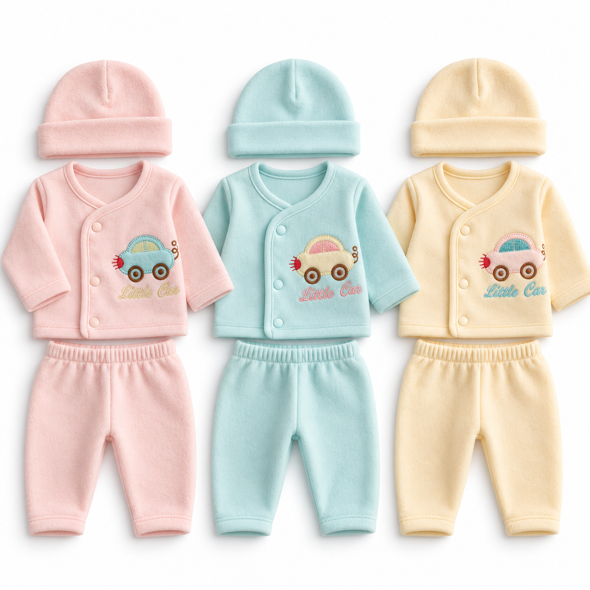 Three baby clothing sets arranged side by side on a white background, each set including a soft beanie and matching pants. The sets are pastel pink, light blue, and pale yellow, with a small cartoon car graphic and the words 'Little Car' on the front.