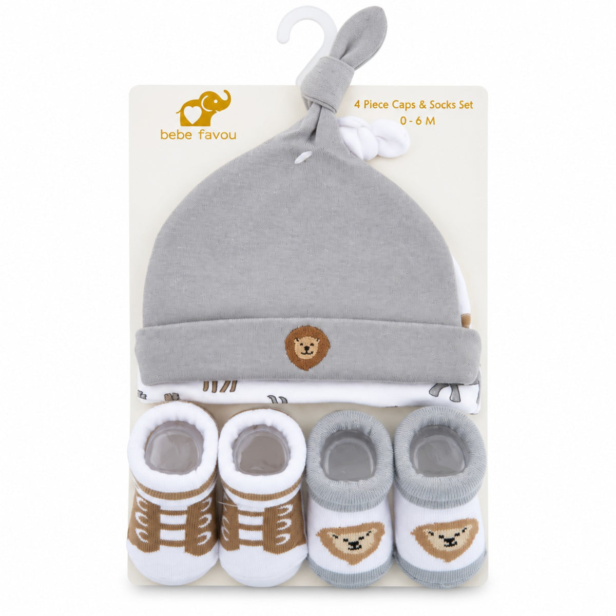 Grey lion baby cap and booties 4-piece set for babies 0-6 months