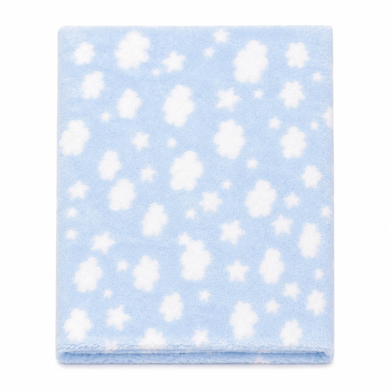 A folded light blue plush blanket with a white cloud and star pattern, shown against a plain white background.
