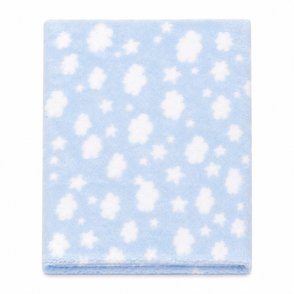 A folded light blue plush blanket with a white cloud and star pattern, shown against a plain white background.