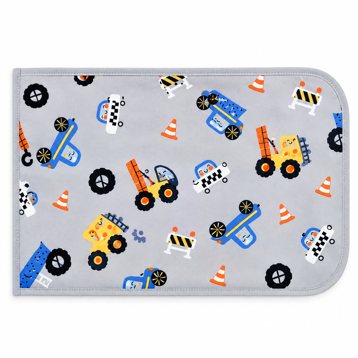 Light grey BabyCo diaper changing mat with colorful construction vehicle print