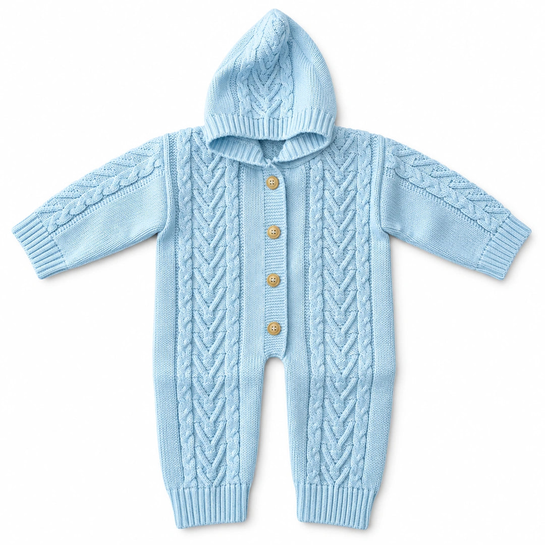 Baby blue hand-knitted cable hooded baby romper