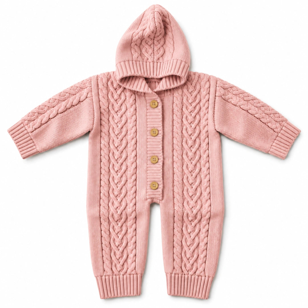 Dusty rose hand-knitted cable hooded baby romper