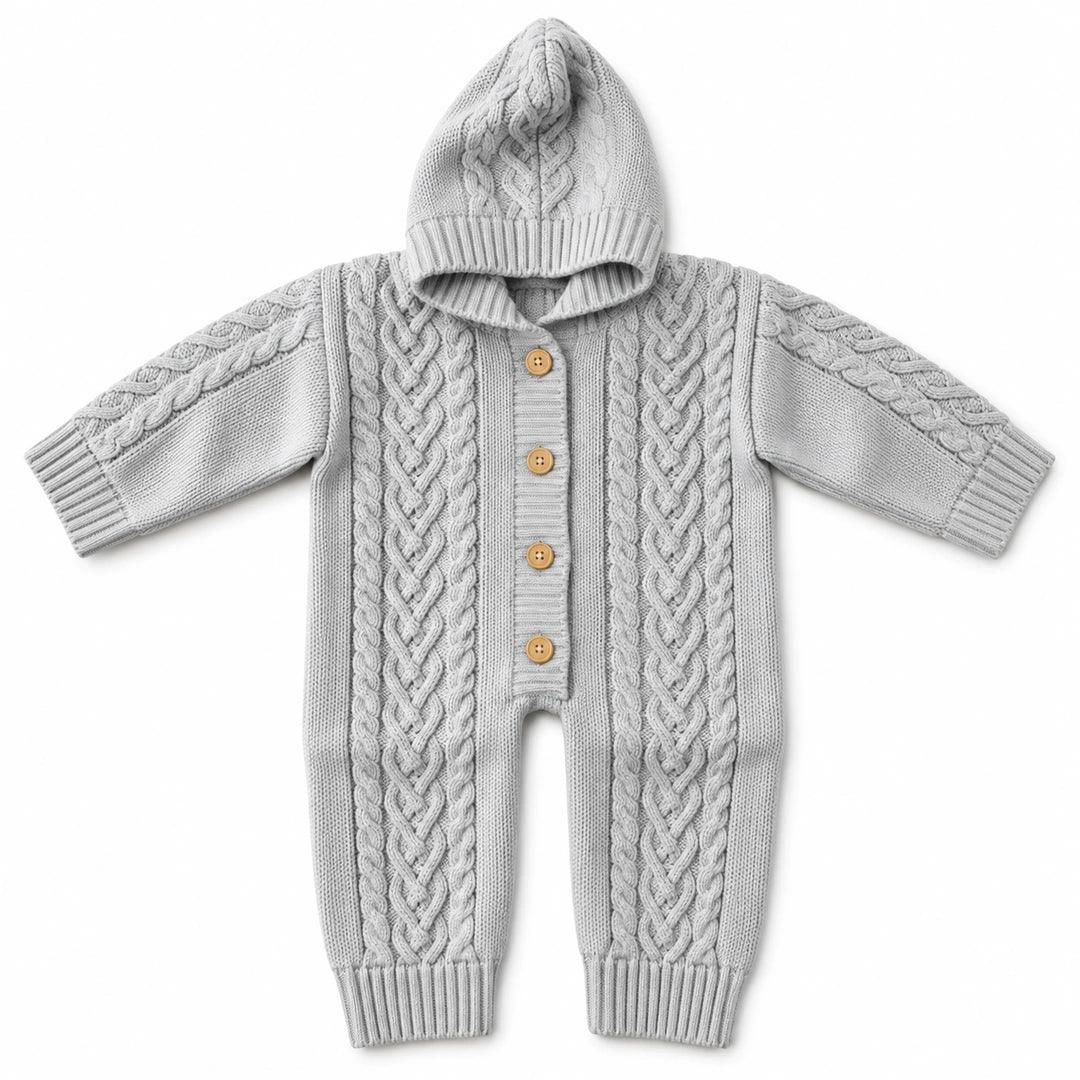 Light grey hand-knitted cable hooded baby romper