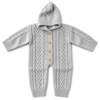 Light grey hand-knitted cable hooded baby romper