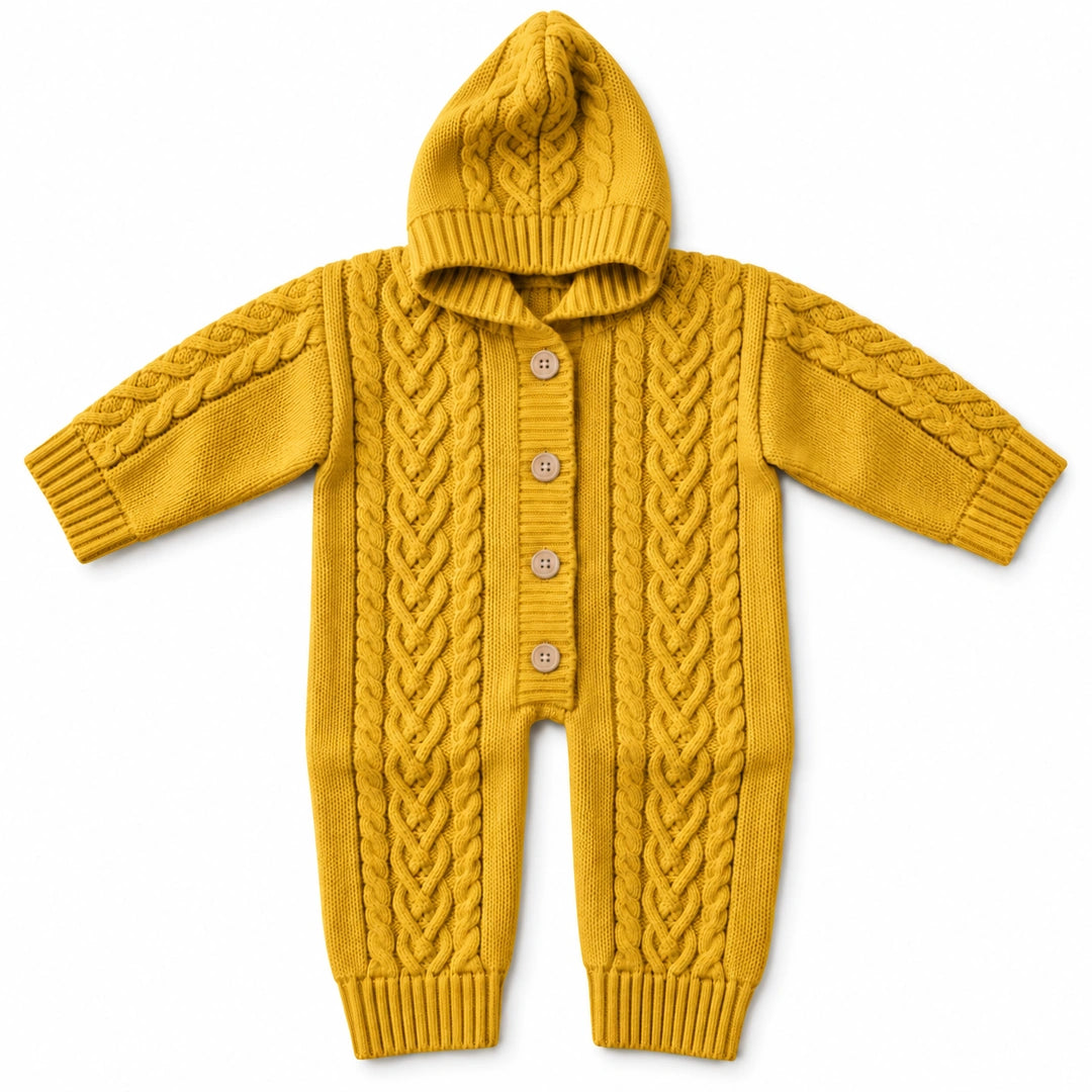 Mustard yellow hand-knitted cable hooded baby romper