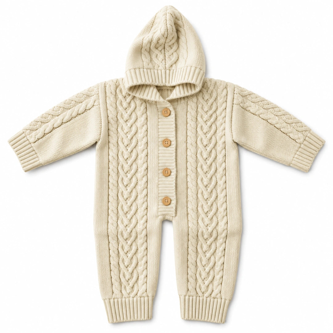 Oatmeal hand-knitted cable hooded baby romper