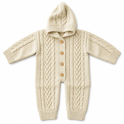 Oatmeal hand-knitted cable hooded baby romper