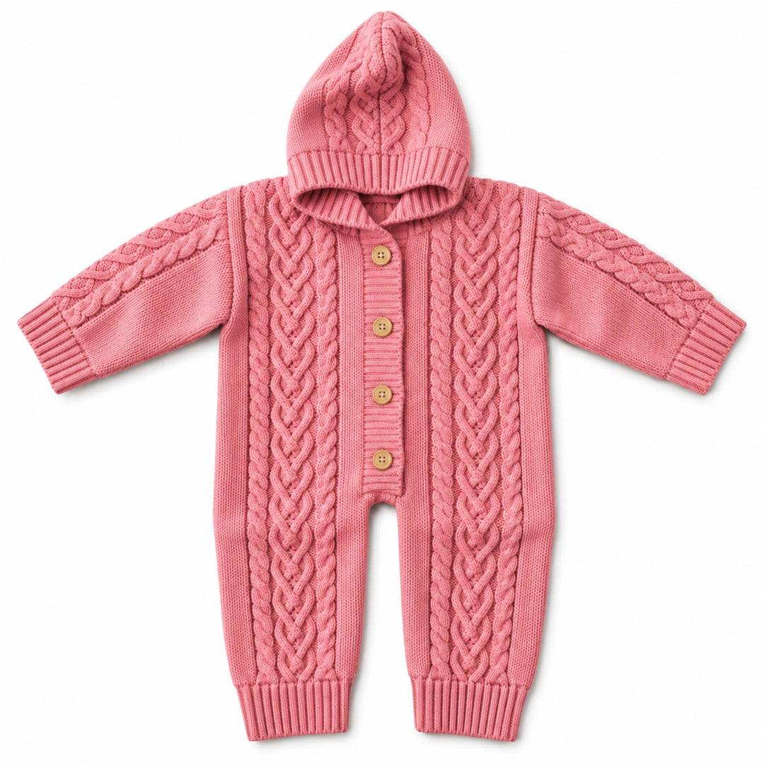 Rose pink hand-knitted cable hooded baby romper