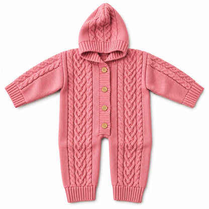 Rose pink hand-knitted cable hooded baby romper