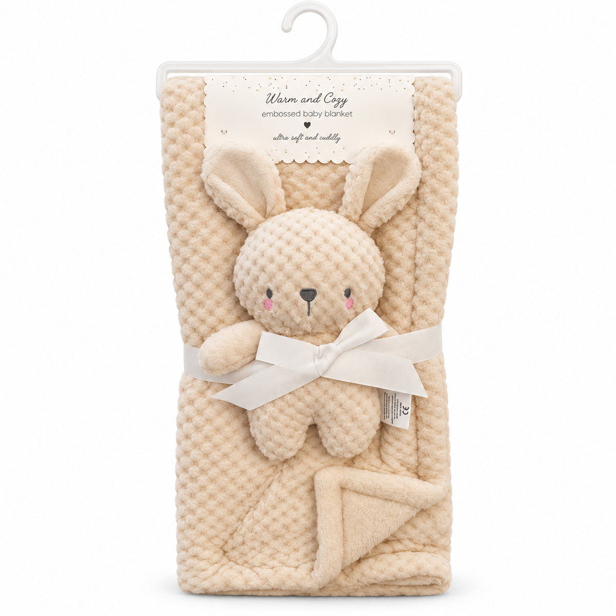 Cream beige premium fur fleece baby blanket with matching plush bunny toy, BabyCo Pakistan
