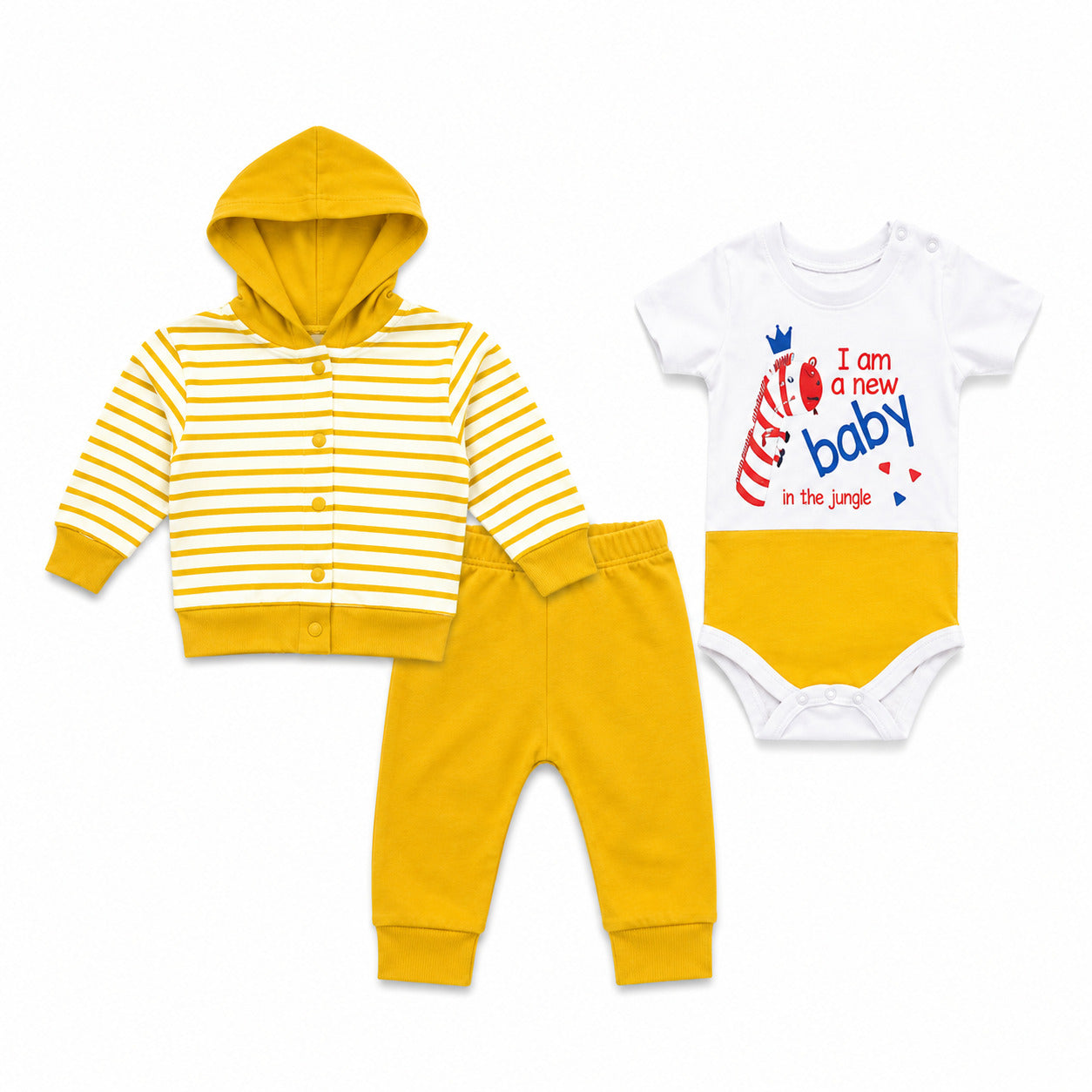 A three-piece baby clothing set laid out on a white background, featuring a yellow and white striped hooded button-up shirt, solid yellow pants, and a white and yellow bodysuit with a red and blue cartoon graphic.