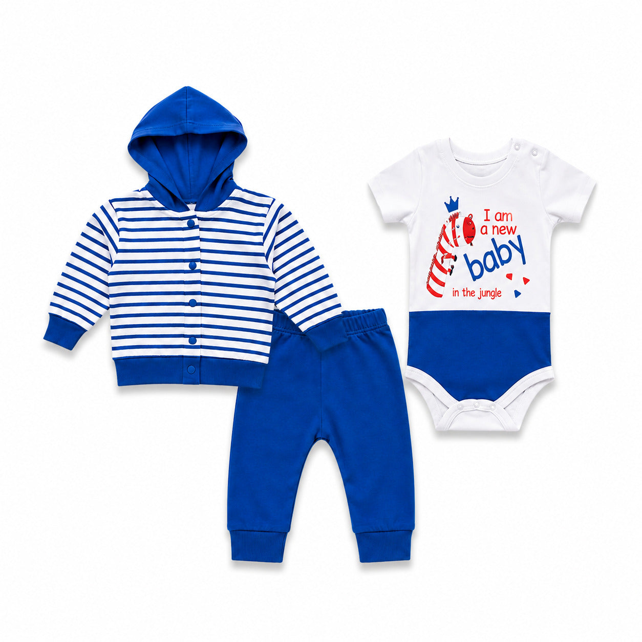 A three-piece baby clothing set on a white background, including a blue and white striped hooded cardigan, royal blue pants, and a white and blue bodysuit with a red and blue graphic.
