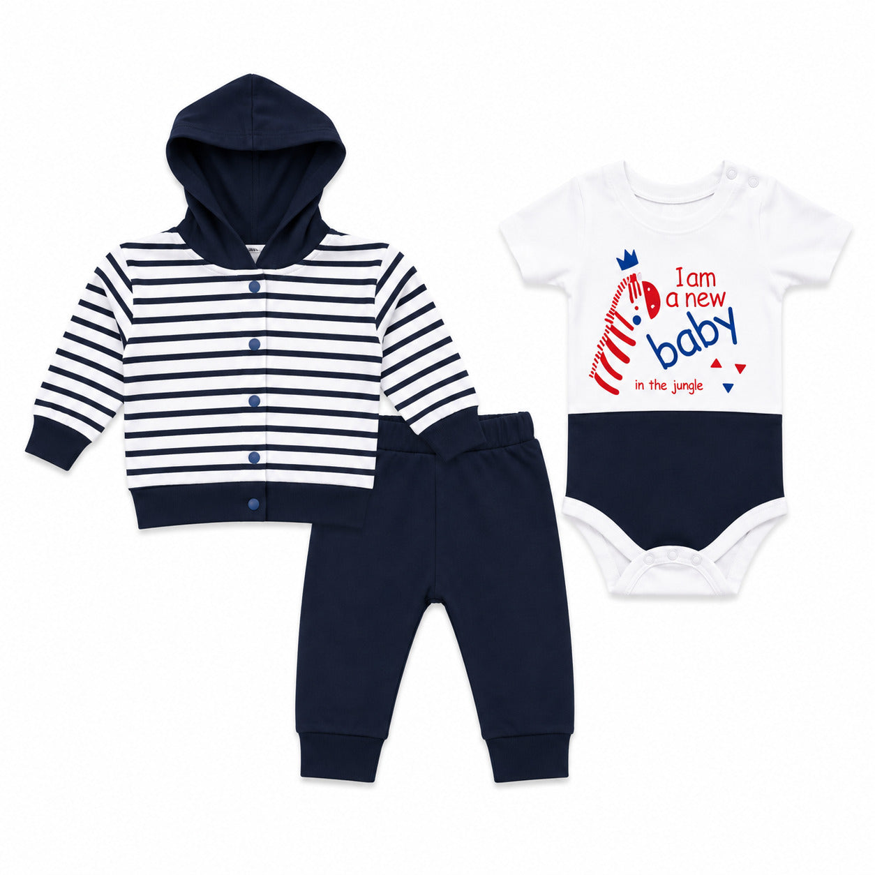 A 3-piece baby clothing set featuring a navy blue and white striped hooded button-up shirt, navy blue pants, and a white short-sleeve bodysuit with a red and navy 'I am a new baby in the jungle' graphic.