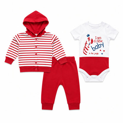 A three-piece baby clothing set laid out on a white background, including a red and white striped hooded button-up shirt, solid red pants, and a white short-sleeve bodysuit with a red bottom panel and colorful text graphic.