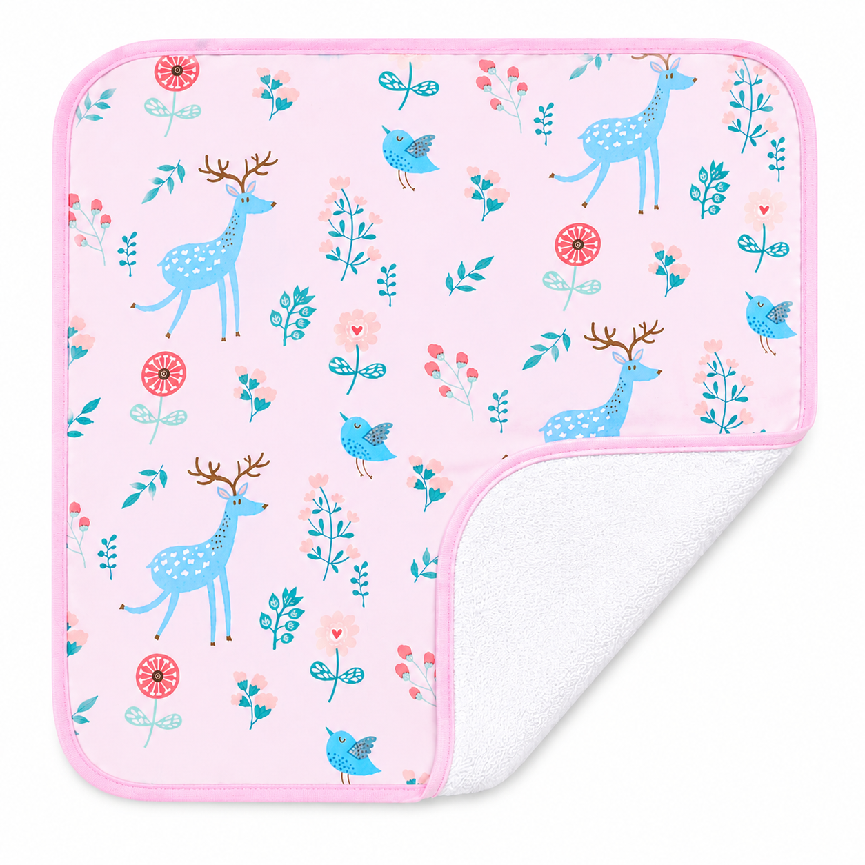 A square baby diaper changing sheet with a light pink background and a whimsical pattern of blue deer, birds, and floral elements, featuring a white fleece backing shown on the curled corner.