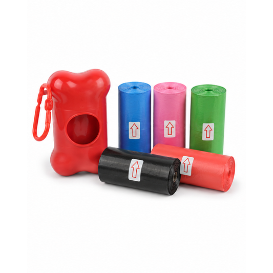 Red dog waste bag dispenser with four colorful rolls of bags on a white background