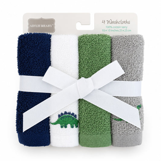 Dinosaur baby washcloth set with four cotton terry washcloths in navy white green and grey